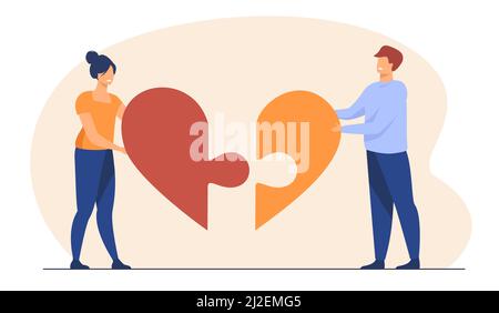 Happy couple connecting heart pieces together. Puzzle, happiness, pair flat vector illustration. Relationship and love concept for banner, website des Stock Vector