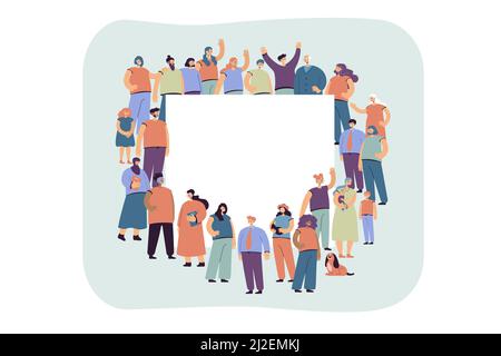 Crowd of different people standing together around blank banner Stock ...