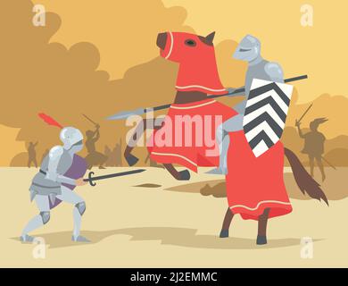 Knight on horse and dismount warrior fighting. Brave medieval solders men people in heavy steel armor. Flat vector illustration. Chivalry, antique his Stock Vector