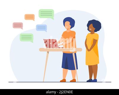 Kids chatting online. Diverse couple of children using computer, texting messages. Flat vector illustration. Communication, childhood concept for bann Stock Vector
