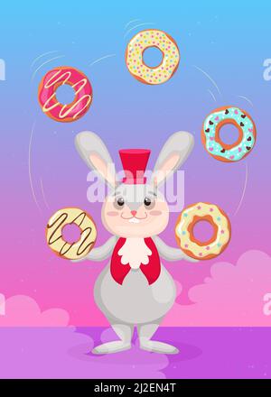 Cute bunny in red top hat juggling colorful donuts illustration. Smiling rabbit throwing doughnuts in the air on blue and pink background. Menu design Stock Vector