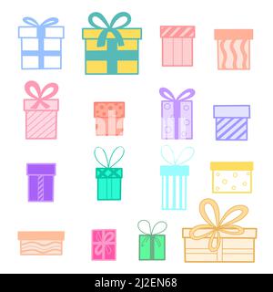 Set gift boxes doodle style vector illustration. Gifts different sizes and colors collection. Surprise icons isolated object Stock Vector