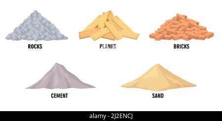 Different building materials vector illustrations set. Piles of construction materials, rocks, planks, bricks, cement, sand on white background. Build Stock Vector