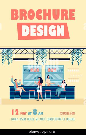 People meeting in cafe, drinking beer in pub, sitting at table or counter and talking. Vector illustration for night life, party, bar concept Stock Vector