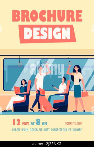 People riding subway train. Commuters sitting and standing in carriage. Vector illustration for metro passengers, commuting, public transport concept Stock Vector