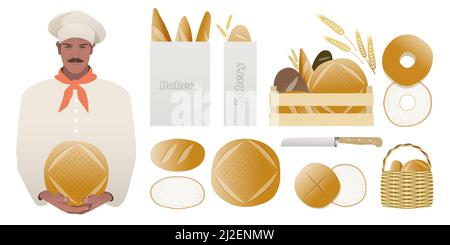 Collection of breads of different kinds. Baguettes and bagels. Baker holding a loaf of bread in his hands. Stock Vector