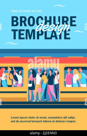 Crowd of happy people travelling by subway train. Passengers standing in overcrowded subway car at station. Cartoon illustration for overpopulation, r Stock Vector