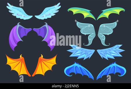 Fabulous creatures wings set. Dragon, monster, angel, butterfly wings isolated in black. Cartoon vector illustrations for fairy tales, legends, mythol Stock Vector