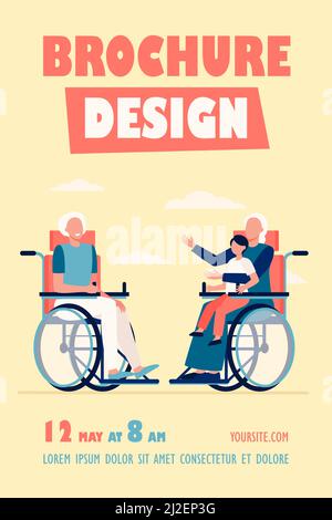 Old people in wheelchair holding kid and talking. Retirement, child, grandparent flat vector illustration. Generation and communication concept for ba Stock Vector