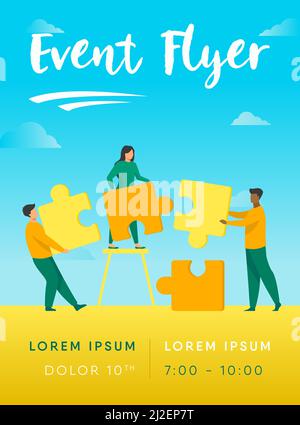 Partners holding big jigsaw puzzle pieces flat vector illustration. Successful partnership, communication and collaboration metaphor. Teamwork and bus Stock Vector