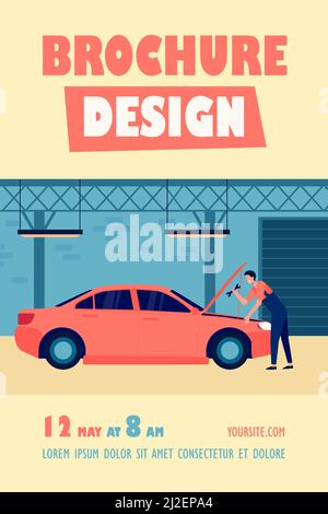 Mechanic repairing car in garage with tool isolated flat vector illustration. Cartoon man fixing or checking engine of vehicle. Auto service and maint Stock Vector