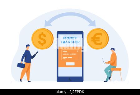 Mobile bank users transferring money. Currency conversion, tiny people, online payment. Flat vector illustration. Finance, banking, transaction concep Stock Vector