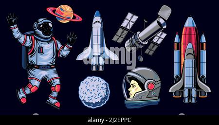 Space flat illustration set. Colored comic elements of astronaut, space shuttle, Saturn and satellite isolated vector illustration collection. Logo de Stock Vector