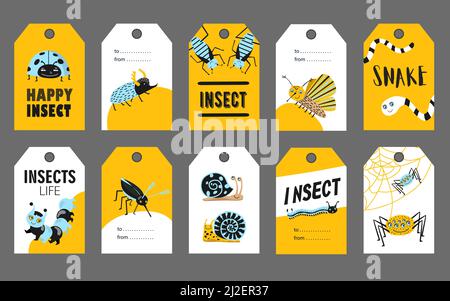 Special tag designs with happy insects. Funny ladybug, May beetle, cockroach, spider, snail on vivid background. Wildlife and fauna concept. Template Stock Vector