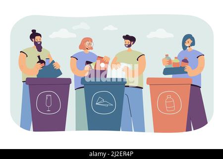 Positive people sorting trash isolated flat vector illustration. Cartoon characters standing near dustbins with different types of garbage. Waste recy Stock Vector