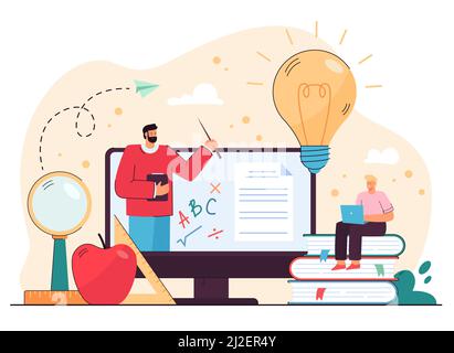Student guy studying on internet, watching online lecture on computer, talking to math tutor through video call. Vector illustration for knowledge, di Stock Vector