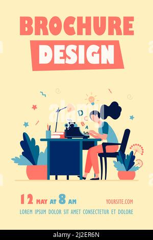 Female writer using retro typing machine. Young woman inspiring with idea, writing creative article at her workplace. Vector illustration for creative Stock Vector