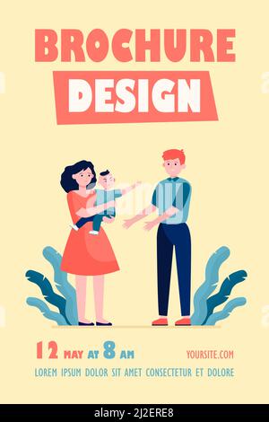 Parents soothing little child. Sad mom giving crying son to smiling dad flat vector illustration. Parenthood problems, stress concept for banner, webs Stock Vector