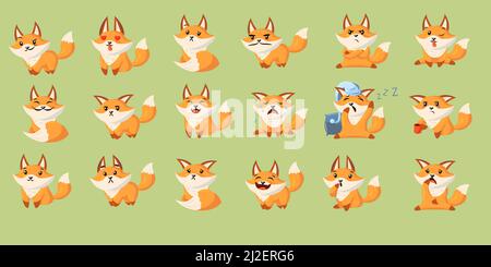 Funny cartoon red fox with set of various emotions. Cute baby animal smiling, crying, laughing, sleeping, feeling happy, angry, sad. Vector illustrati Stock Vector