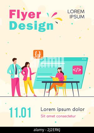 Programmers coding new program. Laptop, code, development flat vector illustration. Programming and digital technology concept for banner, website des Stock Vector