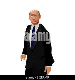 Vladimir Putin in a black suit, light blue shirt and blue tie with a very serious expression on his face. Putin is important, intimidating, formidable Stock Vector