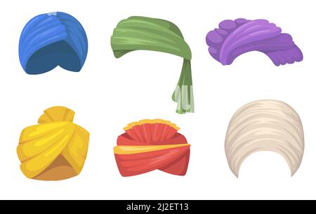 Traditional turbans set. Indian and Arabic hats, colorful sikh headgear fires isolated on white. Vector illustration for India, Asian fashion, culture Stock Vector