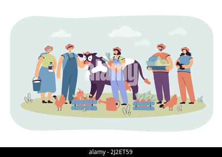Group happy farmers keeping cow and poultry, gathering harvest, holding crates with fruits and vegetables. Vector illustration for countryside workers Stock Vector