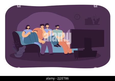 Scared friend watching horror movie together isolated flat vector illustration. Cartoon group of teens sitting on sofa in dark living room and watchin Stock Vector