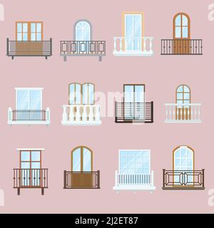 Windows and balconies set. Classic and old vintage architecture balconies with fence railings decor design. Flat vector illustration. Building facade Stock Vector
