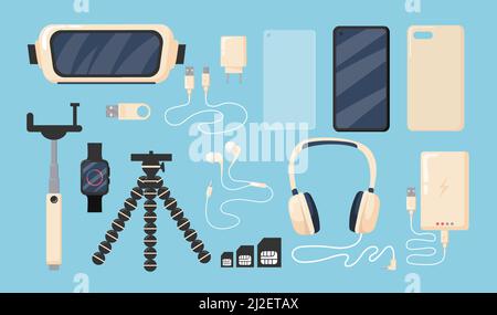 Set of graphic phone accessories flat vector illustration. Isolated smartphone, battery, charger, cover, 3D or VR glasses, watch on blue background. M Stock Vector