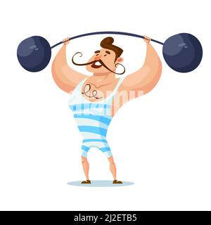 Circus strongman lifting barbell. Man in cartoon style. Stock Vector