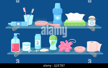 Set of cartoon hygiene care products flat vector illustration. Collection of toiletries, household supplies for personal use. Soap, sponge, cotton pad Stock Vector