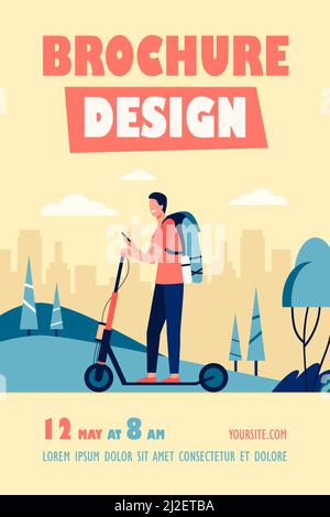 Happy smiling man riding kick scooter on sidewalk flat vector illustration. Cartoon hipster using electric scooter. Electrical personal transportation Stock Vector