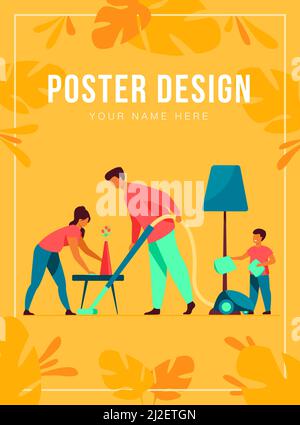 Happy family housekeeping together flat vector illustration. Daughter, mother and father working for household and clean home. Housekeeping and house Stock Vector