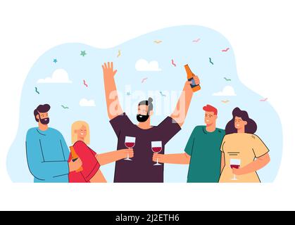 Happy friends drinking wine or beer together flat vector illustration. Cartoon positive people clinking glasses with alcohol drinks, smiling and makin Stock Vector