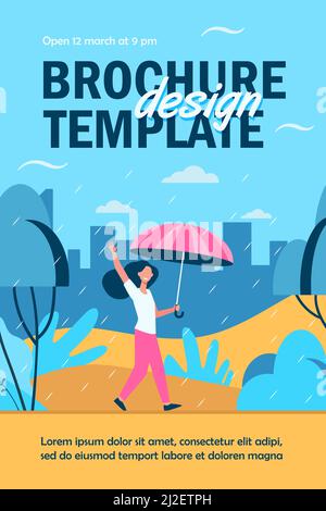 Happy woman walking in rainy day with umbrella isolated flat vector illustration. Cartoon female character being outdoors and autumn rain. Landscape a Stock Vector