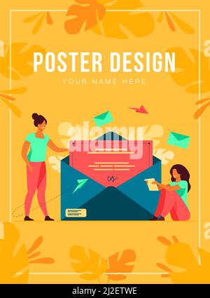 Woman receiving mail and reading letter. Person getting contract with signature out of envelope. Flat vector illustration for email, message, communic Stock Vector