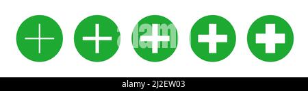 Plus sign set thin to bold in green circles. Medicine vector eps icons. Medical symbol collection on white background. Various pharmacy isolated crosses Stock Vector
