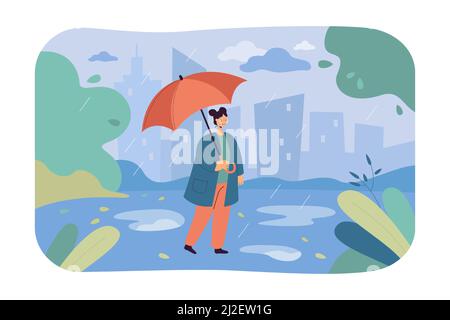 Woman walking in rain with umbrella flat vector illustration. Girl enjoying autumn season and rainy weather in city. Autumn, weather, leisure concept Stock Vector