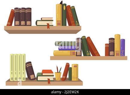 Three wooden bookshelves with various books flat set for web design. Cartoon shelves for wall in bookstore isolated vector illustration collection. Ed Stock Vector