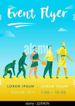 Human evolution from monkey to cyborg. Primate, ancestor, caveman, homo sapience, disabled man with prosthesis, robot. Vector illustration for anthrop Stock Vector
