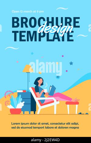 Woman relaxing at home. Girl drinking hot tea, reading book in armchair flat vector illustration. Leisure, evening, literature concept for banner, web Stock Vector