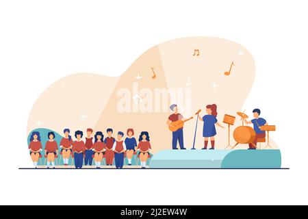 Kids talent show. Band of children performing on stage, playing instrument and singing flat vector illustration. School concert, entertainment concept Stock Vector