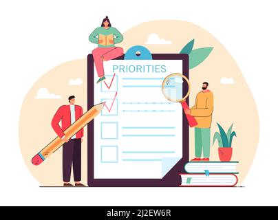 Tiny people doing priorities checklist flat vector illustration. Cartoon characters prioritizing important tasks and making notes. Work planning and m Stock Vector