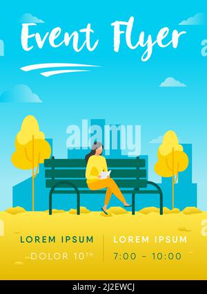 Woman sitting on bench and reading book. Park, city, relaxation flat vector illustration. Weekend and nature concept for banner, website design or lan Stock Vector