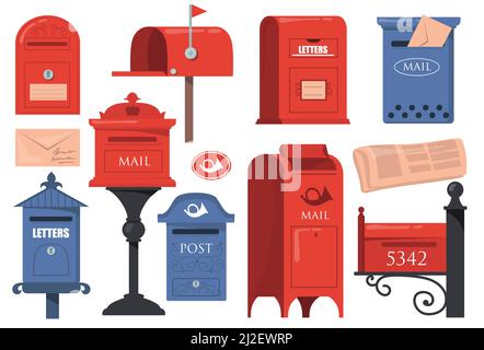 Traditional English letterboxes set. Red and blue vintage mailboxes, old postboxes with letters isolated on white background. Vector illustrations col Stock Vector