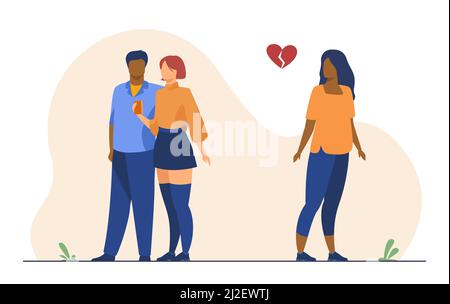 Woman with broken heart. Girl watching ex boyfriend dating new girlfriend. Flat vector illustration. Jealousy, heartbreak, breakup concept for banner, Stock Vector