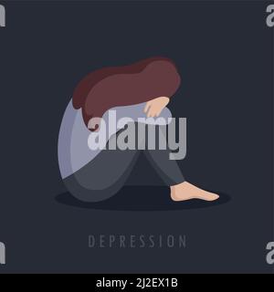 depressed girl sitting alone in the dark depression and lonliness concept Stock Vector