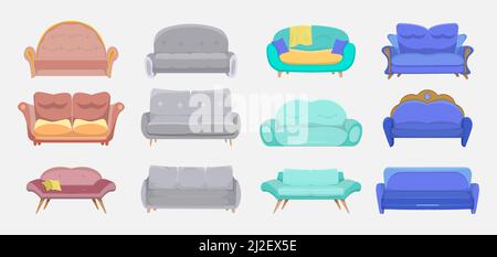 Modern couches set. Sofas for hotels and homes, living room furniture, divans for lounge interior. Vector illustrations for upholstery, apartment desi Stock Vector