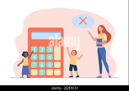 Math teacher forbidding to use calculator. Teaching, prohibition sign in speech bubble, kids. Flat vector illustration. Education, studying concept fo Stock Vector